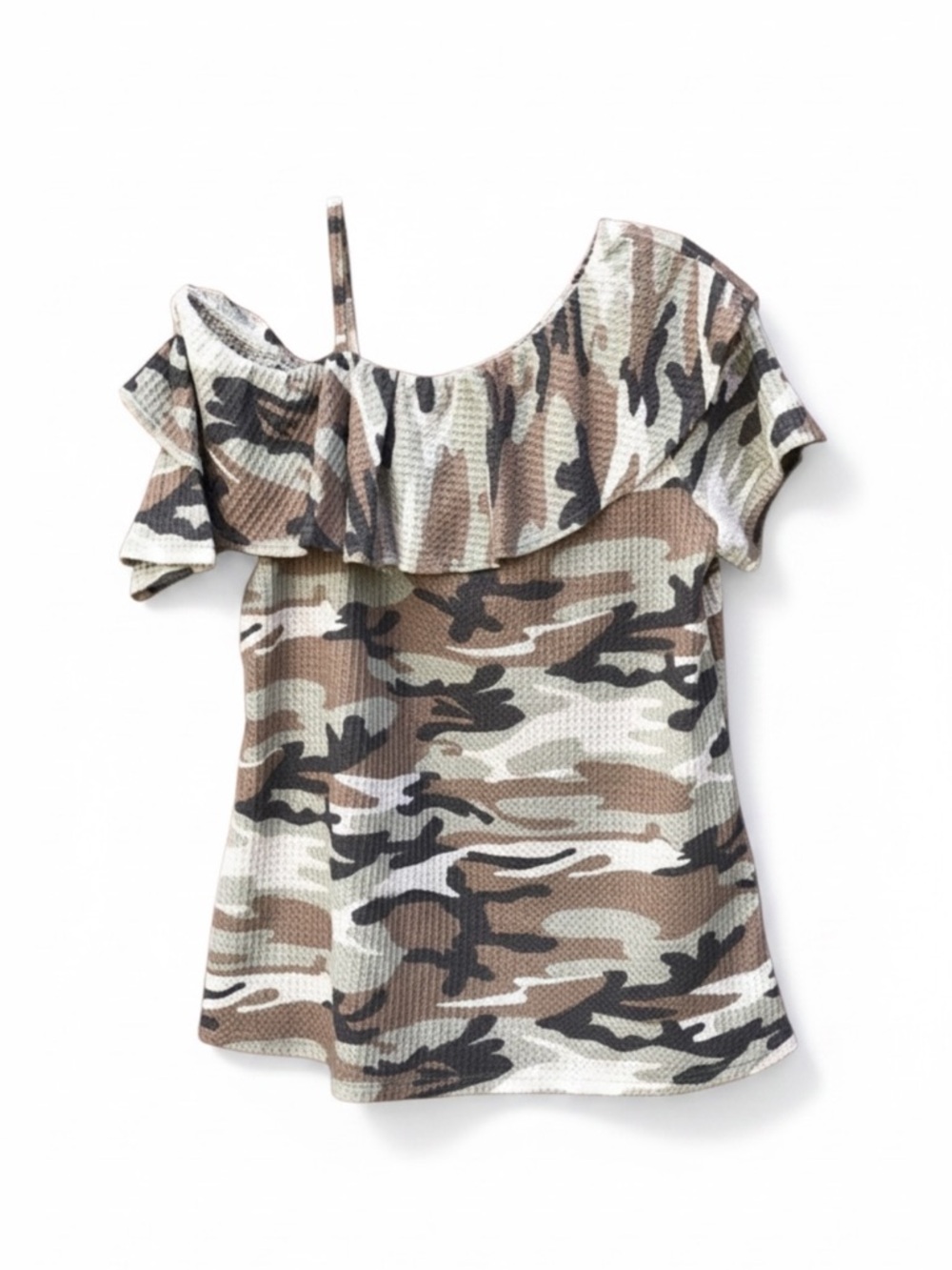 Blakeley Waffle Knit Camo Print Ruffle Neck Top sz M